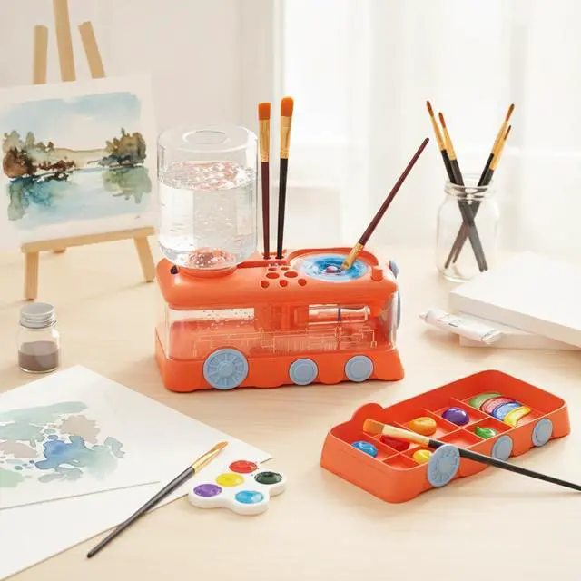 Alt view image 5 of 5 - Automatic Paint Brush Rinser, Rotating Watercolor & Acrylic Brush Cleaner, Hands-Free Art Tool Washing Station for Clear Water, Compact ABS Plastic Desk Accessory (1 PC) orange color