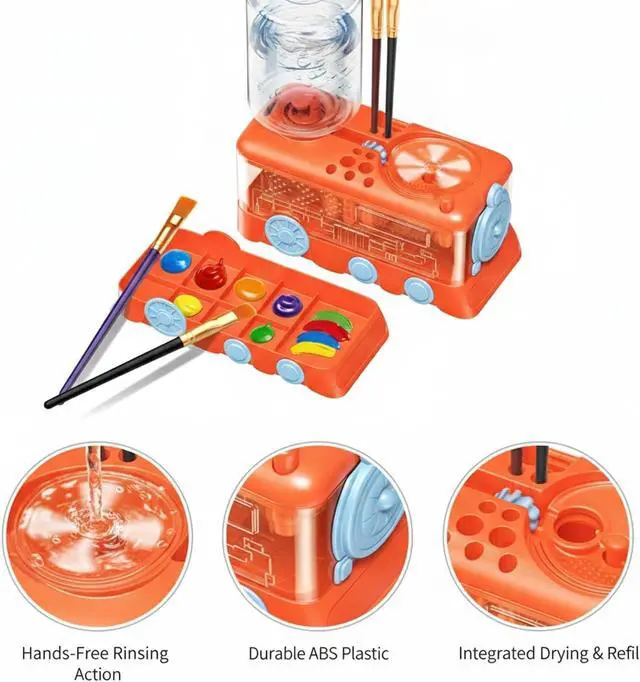 Alt view image 2 of 5 - Automatic Paint Brush Rinser, Rotating Watercolor & Acrylic Brush Cleaner, Hands-Free Art Tool Washing Station for Clear Water, Compact ABS Plastic Desk Accessory (1 PC) orange color