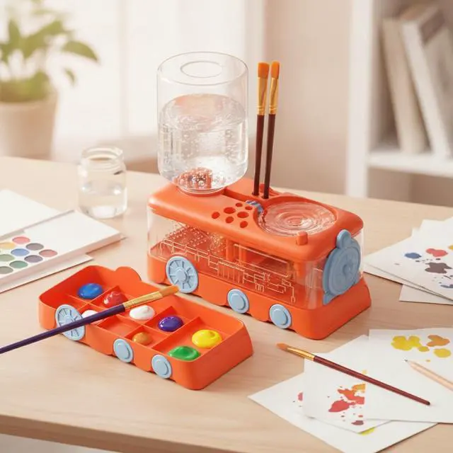 Alt view image 4 of 5 - Automatic Paint Brush Rinser, Rotating Watercolor & Acrylic Brush Cleaner, Hands-Free Art Tool Washing Station for Clear Water, Compact ABS Plastic Desk Accessory (1 PC) orange color