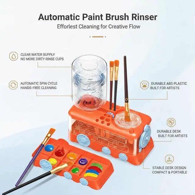 Alt view image 3 of 5 - Automatic Paint Brush Rinser, Rotating Watercolor & Acrylic Brush Cleaner, Hands-Free Art Tool Washing Station for Clear Water, Compact ABS Plastic Desk Accessory (1 PC) orange color