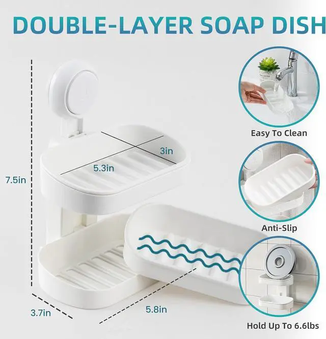 Alt view image 2 of 7 - TAILI Soap Holder, Soap Dish for Shower Suction Cup, Bar Soap Holder, White
2 Layer Removable Soap Holder Shower, Soap Tray for Shower Wall, No drill Sponge Holder, Bathroom & Kitchen, Bath Accessorie