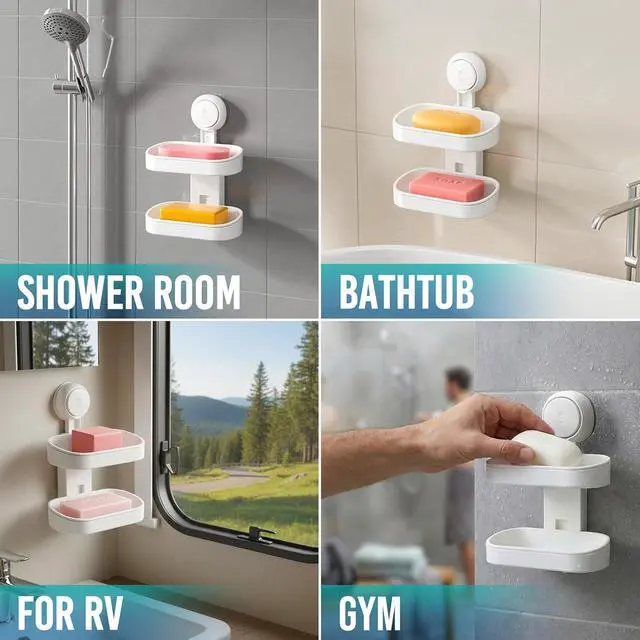 Alt view image 3 of 7 - TAILI Soap Holder, Soap Dish for Shower Suction Cup, Bar Soap Holder, White
2 Layer Removable Soap Holder Shower, Soap Tray for Shower Wall, No drill Sponge Holder, Bathroom & Kitchen, Bath Accessorie