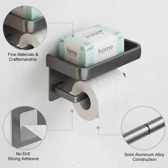 Alt view image 3 of 7 - Toilet Paper Holder with Phone Shelf, Wall Mounted Toilet Tissue Roll Holder, Self-Adhesive or Screw Bathroom Paper Dispenser, Rustproof Multifunctional Storage Rack, Gray black