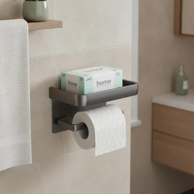 Alt view image 7 of 7 - Toilet Paper Holder with Phone Shelf, Wall Mounted Toilet Tissue Roll Holder, Self-Adhesive or Screw Bathroom Paper Dispenser, Rustproof Multifunctional Storage Rack, Gray black