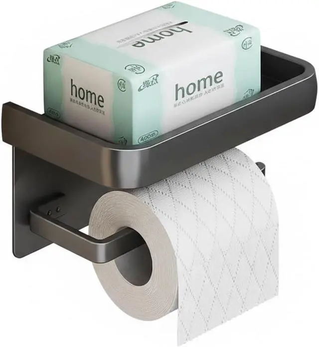 Main image of Toilet Paper Holder with Phone Shelf, Wall Mounted Toilet Tissue Roll Holder, Self-Adhesive or Screw Bathroom Paper Dispenser, Rustproof Multifunctional Storage Rack, Gray black