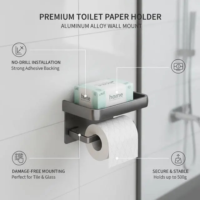 Alt view image 4 of 7 - Toilet Paper Holder with Phone Shelf, Wall Mounted Toilet Tissue Roll Holder, Self-Adhesive or Screw Bathroom Paper Dispenser, Rustproof Multifunctional Storage Rack, Gray black