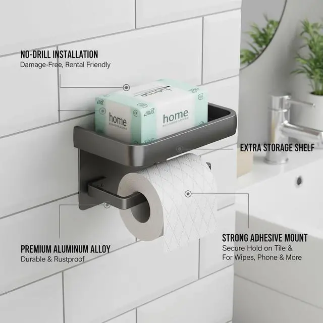 Alt view image 6 of 7 - Toilet Paper Holder with Phone Shelf, Wall Mounted Toilet Tissue Roll Holder, Self-Adhesive or Screw Bathroom Paper Dispenser, Rustproof Multifunctional Storage Rack, Gray black