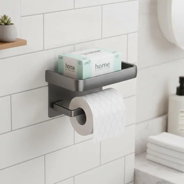 Alt view image 2 of 7 - Toilet Paper Holder with Phone Shelf, Wall Mounted Toilet Tissue Roll Holder, Self-Adhesive or Screw Bathroom Paper Dispenser, Rustproof Multifunctional Storage Rack, Gray black