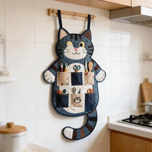 Alt view image 4 of 4 - Cute Cat Wall Organizer Sewing Pattern - DIY Hanging Wall Caddy, Multi-Pocket Pet-Themed Storage Pouch for Craft Supplies, Kitchen Tools & Home Decor (Type A)