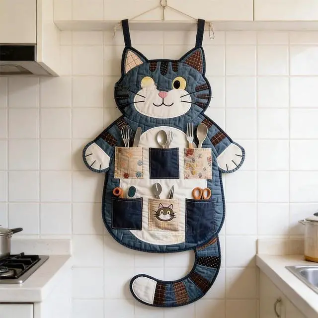 Alt view image 3 of 4 - Cute Cat Wall Organizer Sewing Pattern - DIY Hanging Wall Caddy, Multi-Pocket Pet-Themed Storage Pouch for Craft Supplies, Kitchen Tools & Home Decor (Type A)