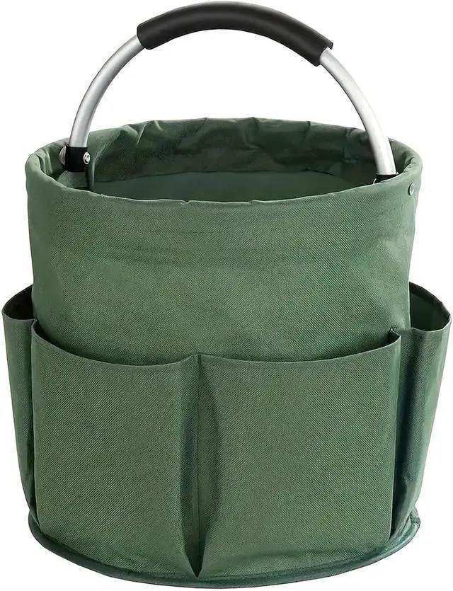 Alt view image 2 of 7 - Portable Garden Tool Organizer Basket with 6 Pockets, Green Oxford Cloth Storage Tote with Comfortable Handle for Gardening, Picnic, Travel (Military green)