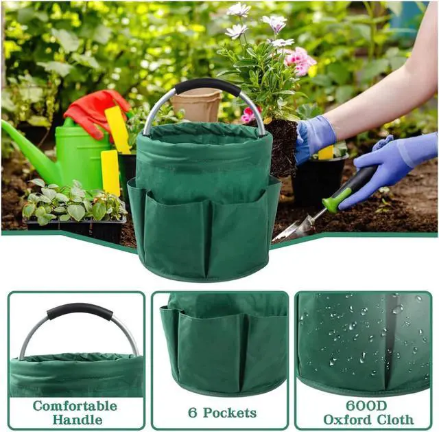 Alt view image 4 of 7 - Portable Garden Tool Organizer Basket with 6 Pockets, Green Oxford Cloth Storage Tote with Comfortable Handle for Gardening, Picnic, Travel (Military green)