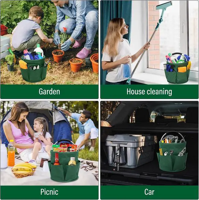 Alt view image 5 of 7 - Portable Garden Tool Organizer Basket with 6 Pockets, Green Oxford Cloth Storage Tote with Comfortable Handle for Gardening, Picnic, Travel (Military green)