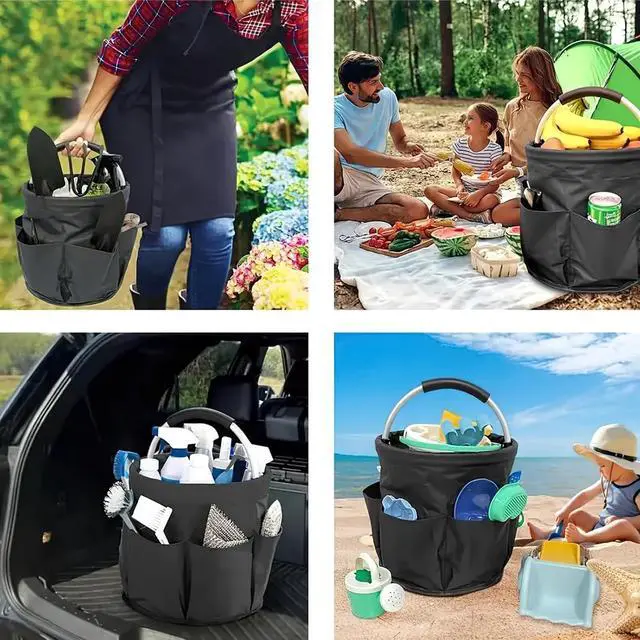 Alt view image 5 of 6 - Portable Garden Tool Organizer Basket with 6 Pockets, Green Oxford Cloth Storage Tote with Comfortable Handle for Gardening, Picnic, Travel (Military green) black