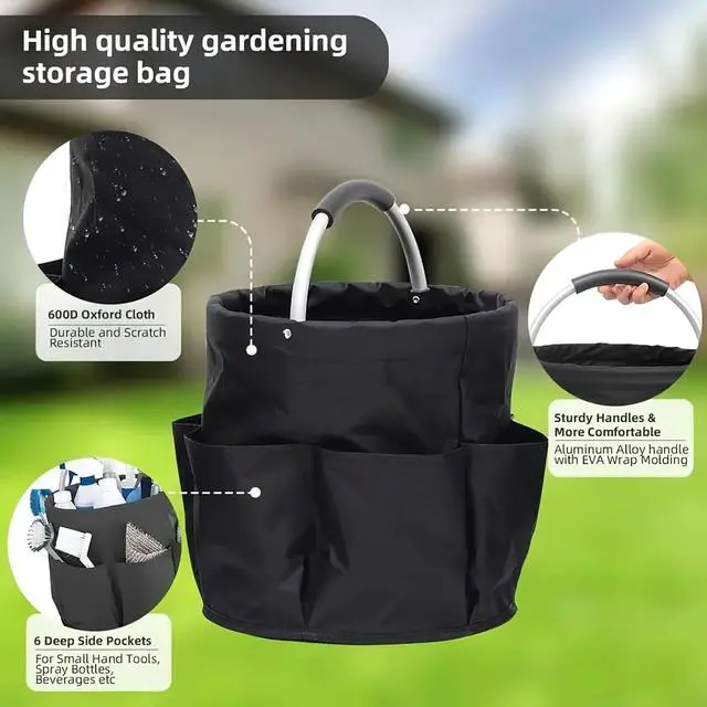 Alt view image 2 of 6 - Portable Garden Tool Organizer Basket with 6 Pockets, Green Oxford Cloth Storage Tote with Comfortable Handle for Gardening, Picnic, Travel (Military green) black