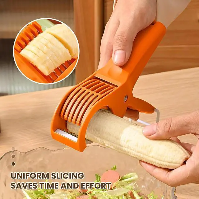 Alt view image 2 of 6 - Slicer Manual Fruit Vegetable Stainless Steel, Multifunctional Handheld Cutter for Banana Strawberry Grape Cucumber - Kitchen Gadget orange color
