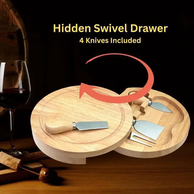 Alt view image 4 of 7 - Cheese Knife Set with Round Wooden Cutting Board, 4-Piece,Steel
Swivel Storage Drawer, Wood Handle Knives, Charcuterie Board, Multiple Finish Options, Compac