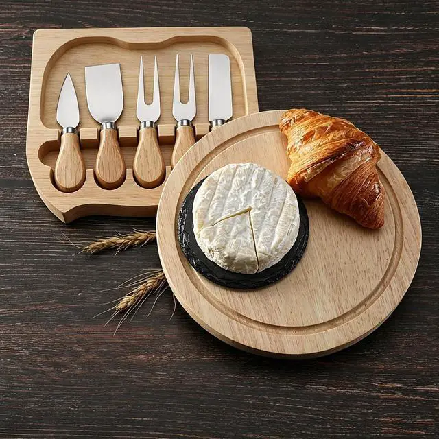Alt view image 7 of 7 - Cheese Knife Set with Round Wooden Cutting Board, 4-Piece,Steel
Swivel Storage Drawer, Wood Handle Knives, Charcuterie Board, Multiple Finish Options, Compac
