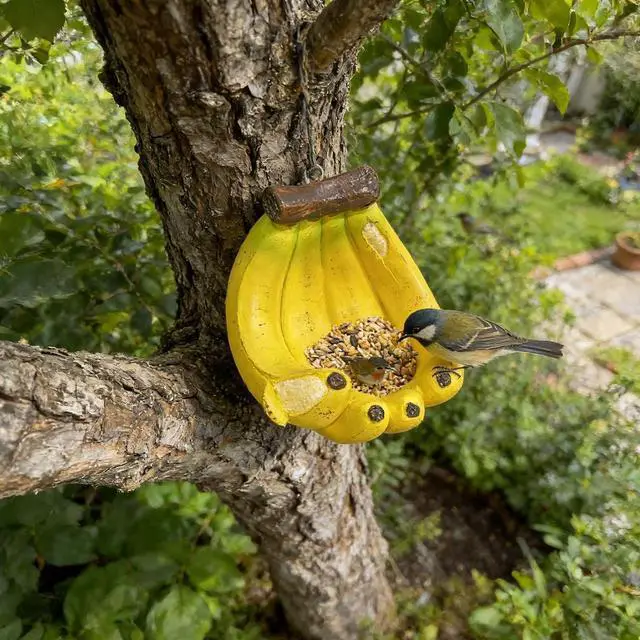 Alt view image 6 of 6 - Banana-Shaped Outdoors Bird Feeder, Heavy-Duty Resin Wild Bird Feeding Station, Creative Bird Feeding Tray, Hanging Garden Bird Feeder for Patio Yard Tree Fence, Home Decor Ornaments Gifts