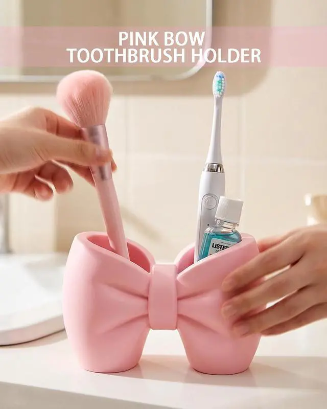 Alt view image 2 of 6 - Plastic Bow Toothbrush Holder, 2-in-1 Countertop Pen Organizer, Nonslip Bathroom Accessory for Electric Toothbrush, Space-Saving Desk Decor for Home Office Dorm (Pink)