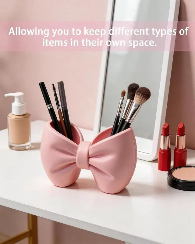 Alt view image 6 of 6 - Plastic Bow Toothbrush Holder, 2-in-1 Countertop Pen Organizer, Nonslip Bathroom Accessory for Electric Toothbrush, Space-Saving Desk Decor for Home Office Dorm (Pink)