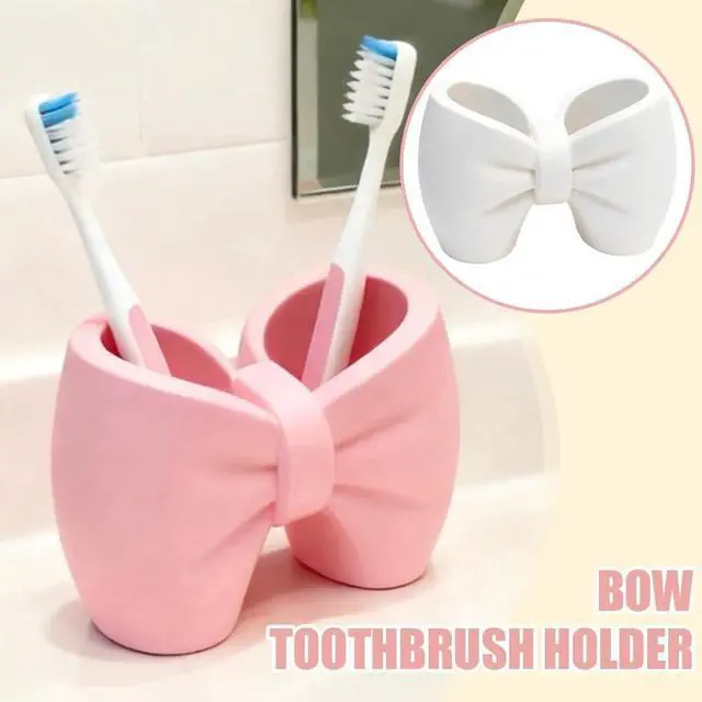 Alt view image 4 of 6 - Plastic Bow Toothbrush Holder, 2-in-1 Countertop Pen Organizer, Nonslip Bathroom Accessory for Electric Toothbrush, Space-Saving Desk Decor for Home Office Dorm (Pink) White