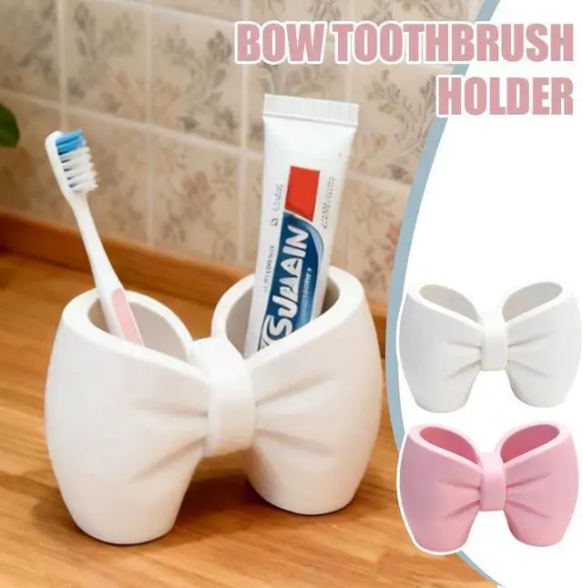 Alt view image 3 of 6 - Plastic Bow Toothbrush Holder, 2-in-1 Countertop Pen Organizer, Nonslip Bathroom Accessory for Electric Toothbrush, Space-Saving Desk Decor for Home Office Dorm (Pink) White