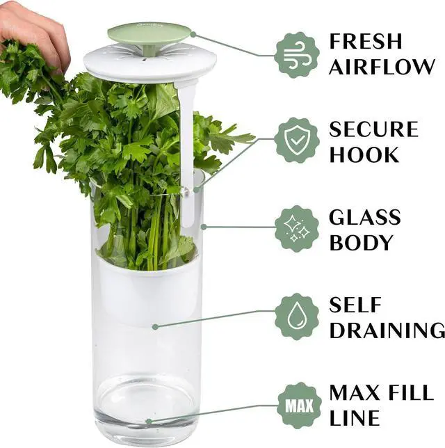 Main image of Herb Keeper Preserver, Designed for Optimum Breathable Airflow for Maximum Freshness, Water Line Ensures the Use of the Right Amount of Water, Stores in your Refrigerator