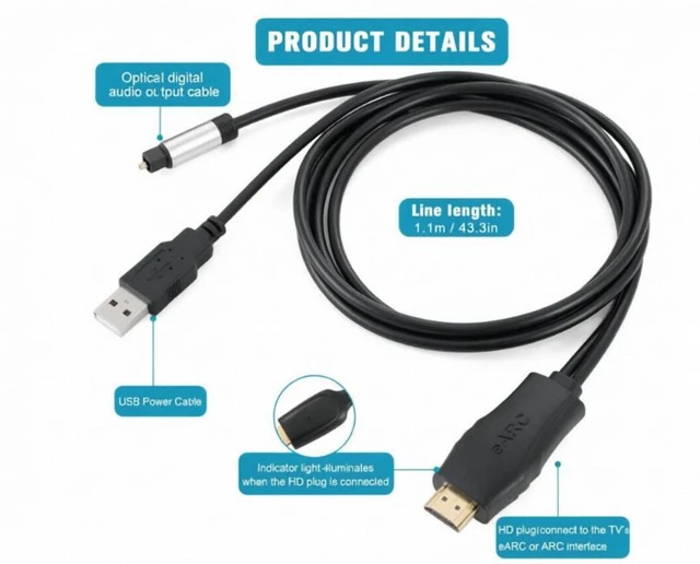 Alt view image 6 of 7 - 192KHz HDMI eARC/ARC to Optical Audio Converter for TV to Soundbar Plug & Play 3.7ft/1.15m eARC to Optical Cable Audio Extractor Adapter Splitter for Sound System Home Theater Support Dolby/DTS 5.1