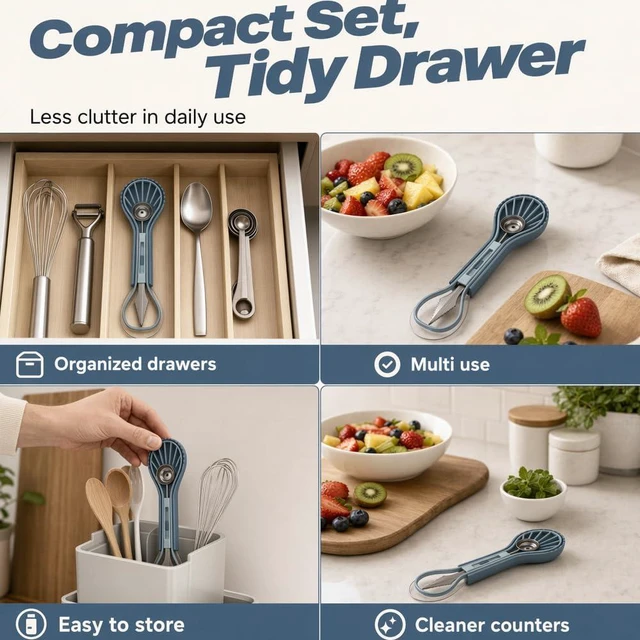 Alt view image 2 of 7 - Melon Baller Scoop Set - 6 in 1,Stainless Steel Fruit Cutter,Seed Remover Cutter,watermelon Scooper Fruit Scooper and Baller, Fruit Carving Tools Dig Pulp Separator Fruit Slicer blue