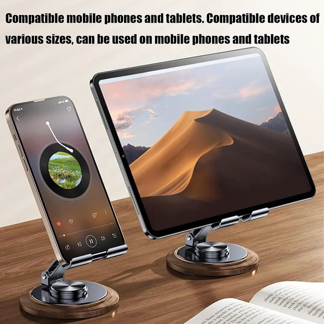 Alt view image 4 of 7 - Wood Phone Holder, 360-Degree Wooden Table Rotating Adjustable Desk Mobile Phone Stand Desktop Telephone Mount Bracket for Office Kitchen Bathroom Accessories
