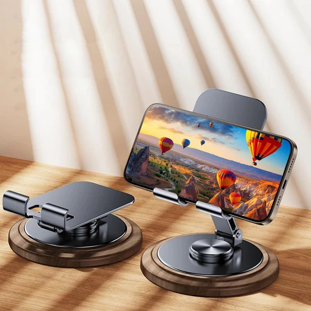 Alt view image 7 of 7 - Wood Phone Holder, 360-Degree Wooden Table Rotating Adjustable Desk Mobile Phone Stand Desktop Telephone Mount Bracket for Office Kitchen Bathroom Accessories