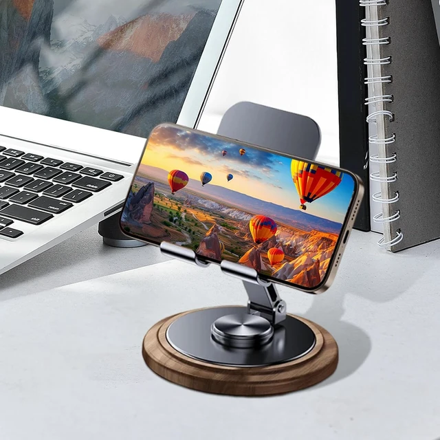 Alt view image 3 of 7 - Wood Phone Holder, 360-Degree Wooden Table Rotating Adjustable Desk Mobile Phone Stand Desktop Telephone Mount Bracket for Office Kitchen Bathroom Accessories
