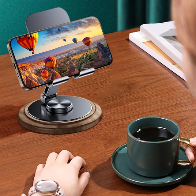 Alt view image 5 of 7 - Wood Phone Holder, 360-Degree Wooden Table Rotating Adjustable Desk Mobile Phone Stand Desktop Telephone Mount Bracket for Office Kitchen Bathroom Accessories