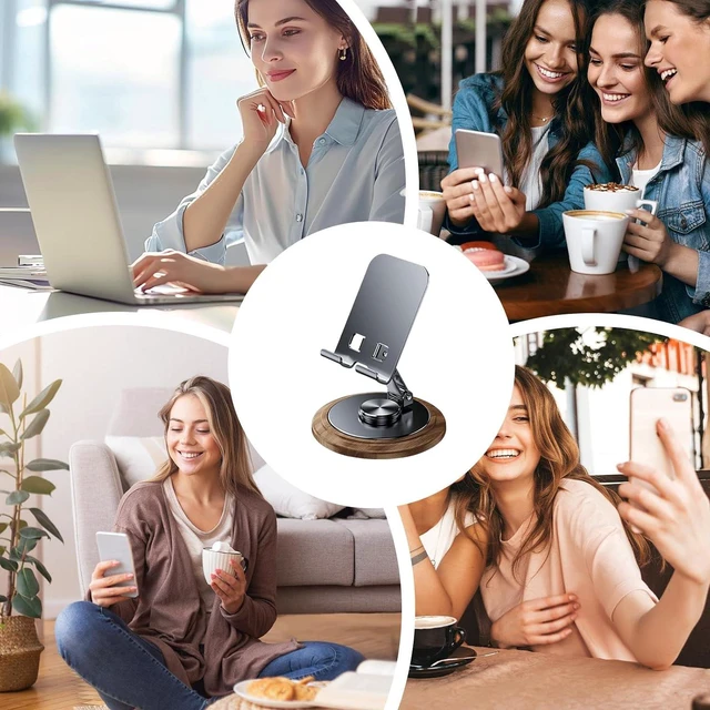Alt view image 6 of 7 - Wood Phone Holder, 360-Degree Wooden Table Rotating Adjustable Desk Mobile Phone Stand Desktop Telephone Mount Bracket for Office Kitchen Bathroom Accessories