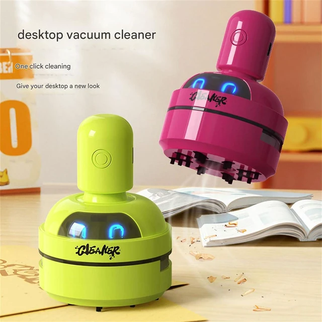 Alt view image 3 of 7 - Rechargeable Mini Desktop Cleaner, Strong Suction for Erasing Dust, Pencil Shavings, Paper Crumbs, Cute Robot Design for Home Office School (pink) pink