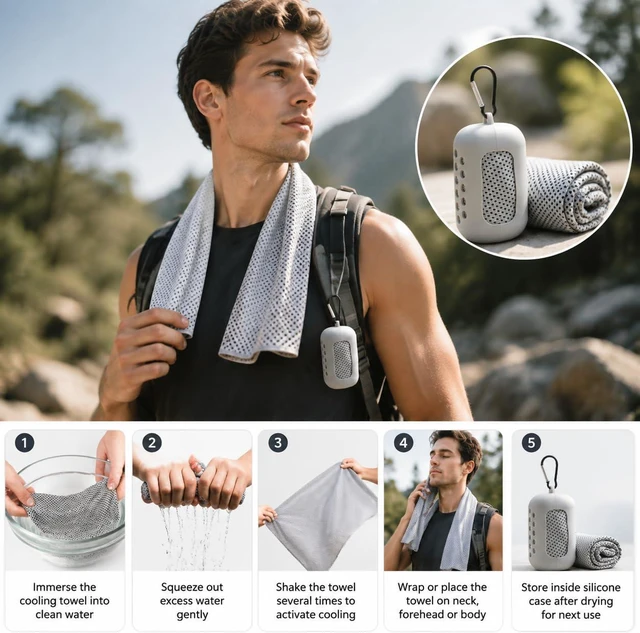 Alt view image 5 of 6 - Cooling Sports Towel, Outdoor Fitness Cooling Towel, Sweat-Absorbing & Cooling Silicone Sleeve Towel, Mountain Climbing Bag Towel