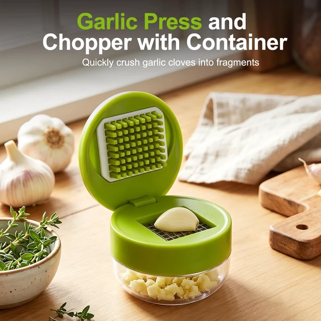 Alt view image 3 of 6 - Mini Garlic Chopper and Press with Container, Manual Garlic Twister Masher and Crusher,Garlic Press Stainless Steel for Kitchen Cooking and Food Prep1