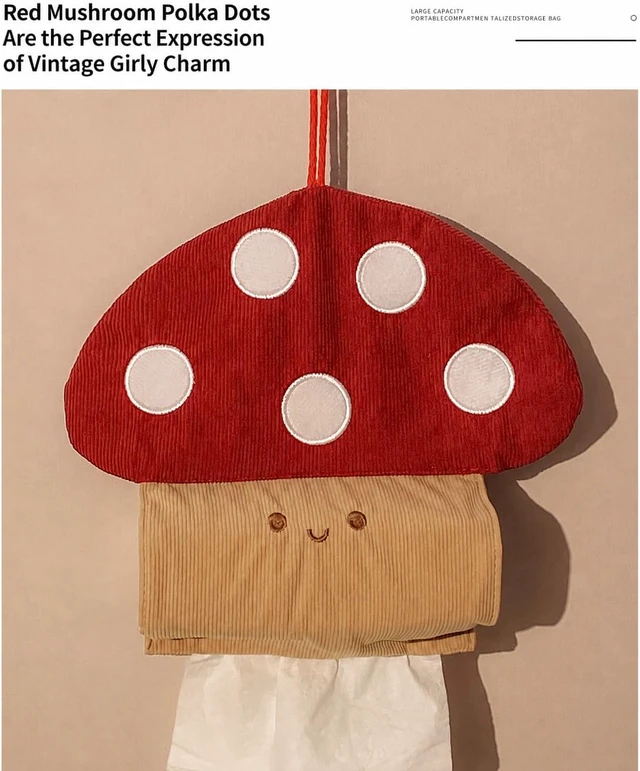Alt view image 2 of 5 - Mushroom Tissue Box Holder, Cute Hanging Tissue Dispenser Bag for Bathroom, Bedroom, Car, Wall, Door or Seat Back, Fabric Facial Tissue Cover, Paper Napkin Organizer Home Decor, Small Mushroom, 1 Pack