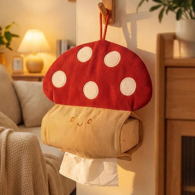 Main image of Mushroom Tissue Box Holder, Cute Hanging Tissue Dispenser Bag for Bathroom, Bedroom, Car, Wall, Door or Seat Back, Fabric Facial Tissue Cover, Paper Napkin Organizer Home Decor, Small Mushroom, 1 Pack