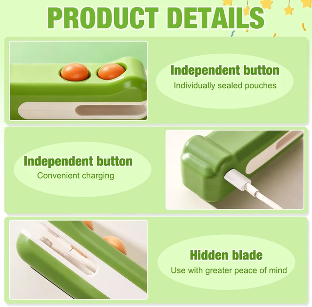 Alt view image 4 of 7 - 2 in 1 Mini Bag Sealer with Cutter and Magnet,New Crocodile Design Portable Sealing Machine, USB-C Rechargeable Portable Handheld Resealer Machine for Plastic Bags, Snack Bags(Green)