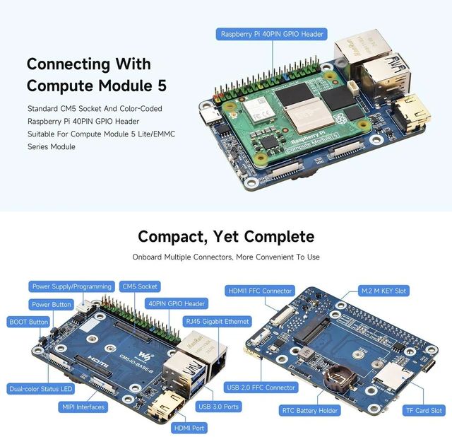 Alt view image 3 of 4 - Waveshare Mini Base Board (B), Compatible with Raspberry Pi Compute Module 5, Onboard EEPROM and Encryption Chip