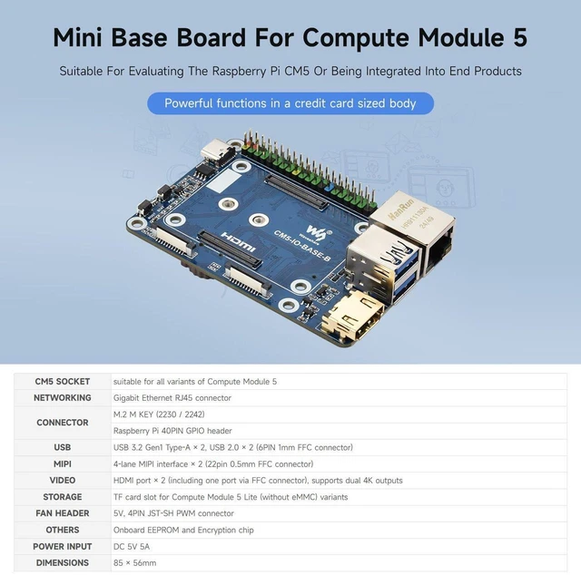Alt view image 4 of 4 - Waveshare Mini Base Board (B), Compatible with Raspberry Pi Compute Module 5, Onboard EEPROM and Encryption Chip