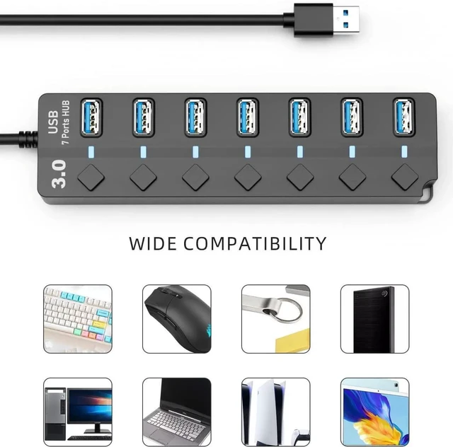 Alt view image 5 of 6 - USB 3.0 Hub 7-Port USB Data Hub Splitter with 3ft Long Cable USB Extension for Laptop PC Computer Surface Pro PS4/5 Flash Drive Mobile HDD - with LED Individual On/Off