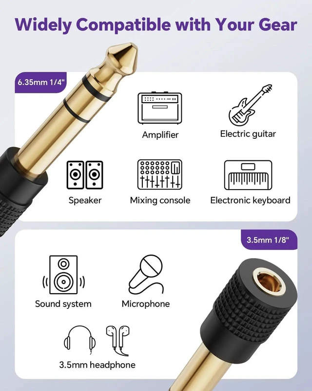 Alt view image 5 of 5 - 6.35mm 1/4 Male to 3.5mm 1/8 Female Audio Adapter, Gold-Plated TRS Stereo Jack, Solid Brass Housing, for Headphones, Guitar, Mixer, Amp, Keyboard, 2 Pack