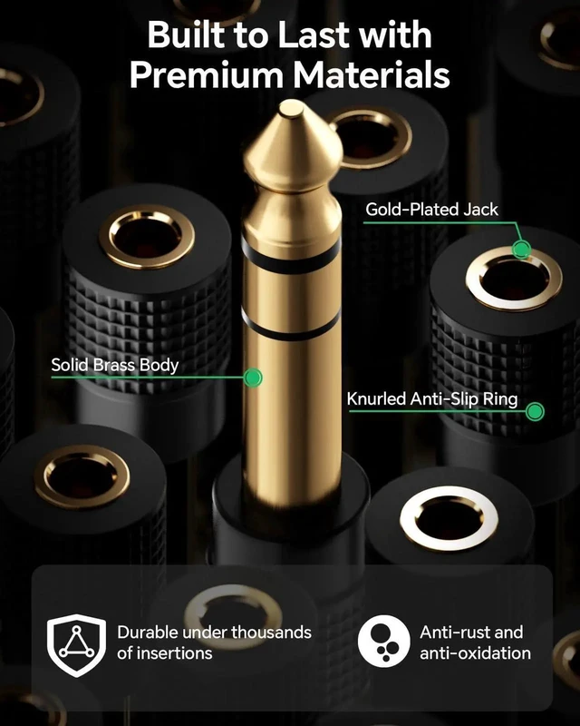 Alt view image 3 of 5 - 6.35mm 1/4 Male to 3.5mm 1/8 Female Audio Adapter, Gold-Plated TRS Stereo Jack, Solid Brass Housing, for Headphones, Guitar, Mixer, Amp, Keyboard, 2 Pack