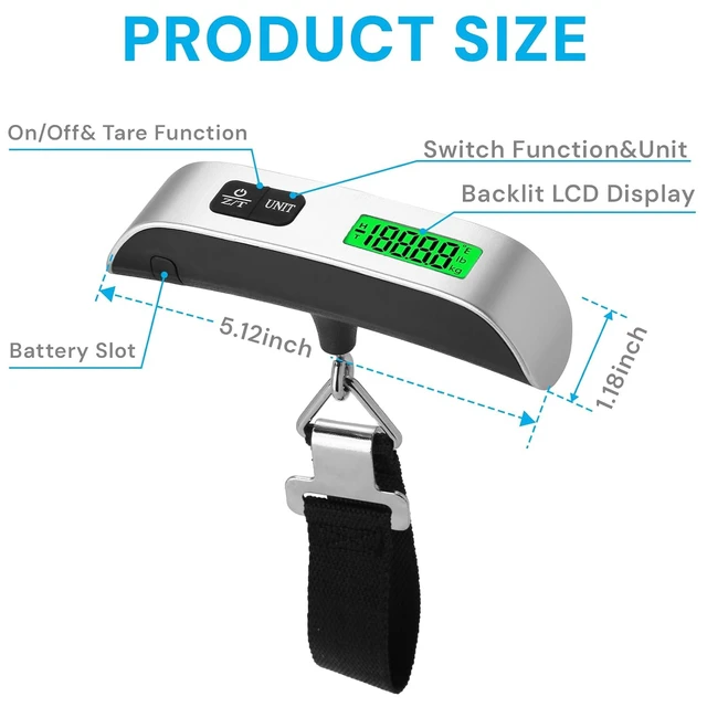 Alt view image 2 of 7 - Luggage Scale, 110lb Luggage Weight Scale for Travel,Backlit LCD
Travel Essentials, Hanging Hook, Rubber Grip, 4-Unit Switching, Overload, Low Battery Alerts, LED Display, Battery Included