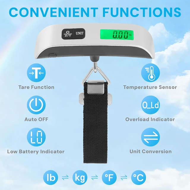 Alt view image 3 of 7 - Luggage Scale, 110lb Luggage Weight Scale for Travel,Backlit LCD
Travel Essentials, Hanging Hook, Rubber Grip, 4-Unit Switching, Overload, Low Battery Alerts, LED Display, Battery Included