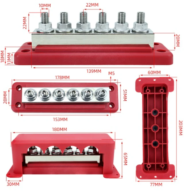 Alt view image 7 of 7 - 600A Heavy Duty Power Distribution Block with Cover 5 x 3/8" (M10) Studs Bus Bar Terminal Block, High Current Busbar 12-48V DC Busbar Box for Automotive RV Boat, RED black