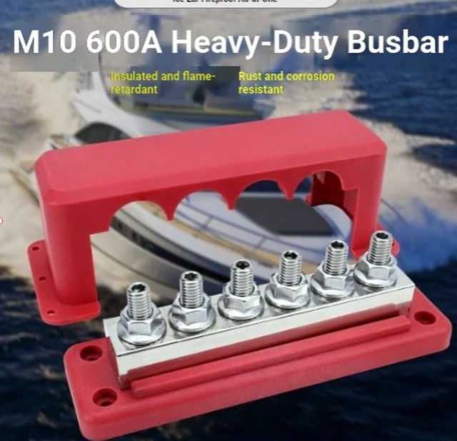 Alt view image 6 of 7 - 600A Heavy Duty Power Distribution Block with Cover 5 x 3/8" (M10) Studs Bus Bar Terminal Block, High Current Busbar 12-48V DC Busbar Box for Automotive RV Boat, RED black